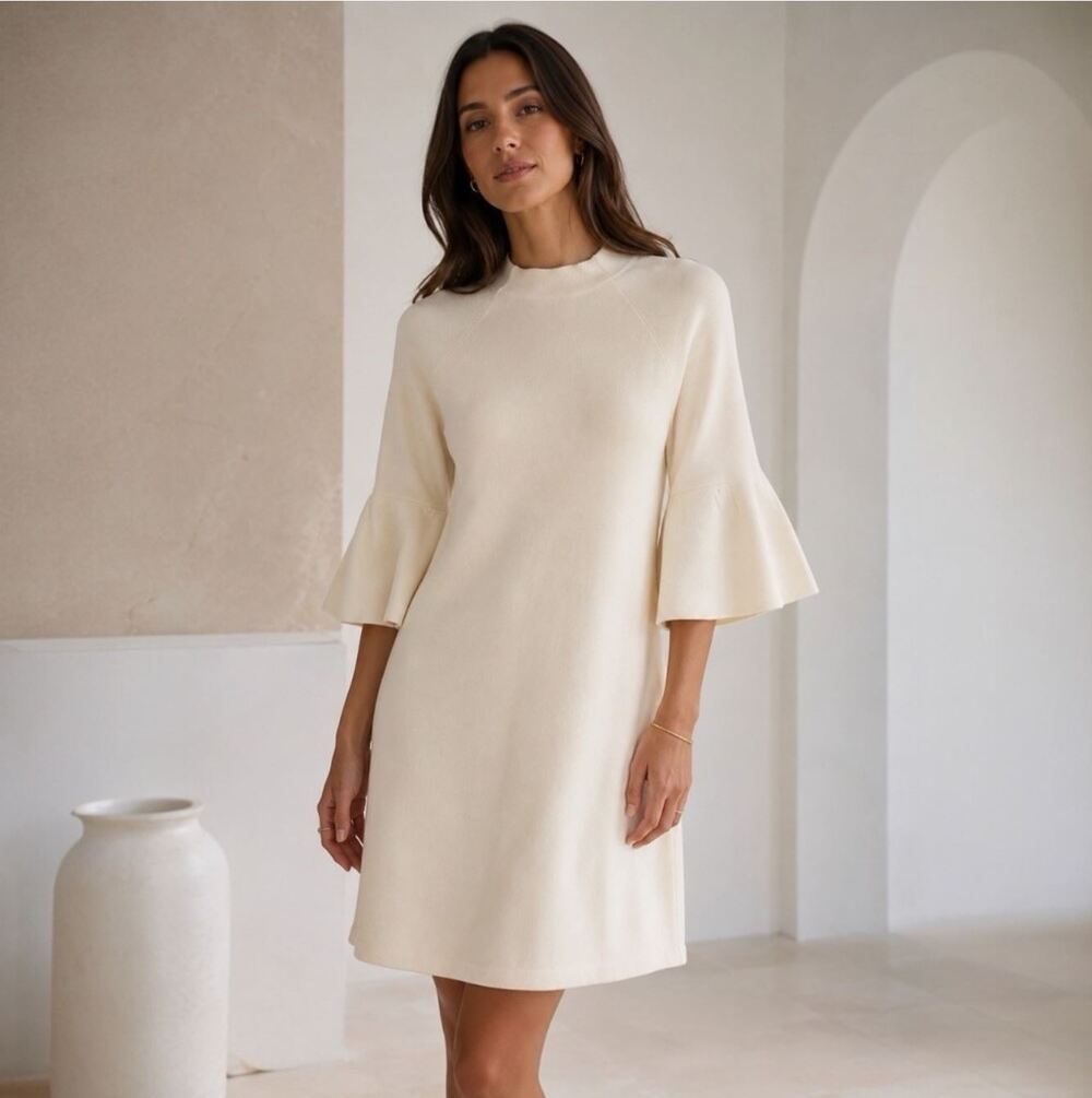Anthro Moth Chester Sweater Dress Ivory Bell Sleeve Knit Size XS Quiet Luxury